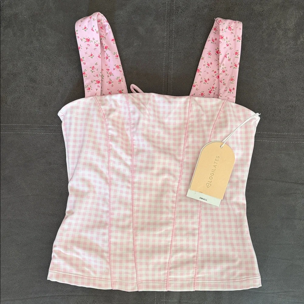 NWT Blogilates Women's Ruched Waist Bike Shorts & Top - Pink Gingham S - Picture 3 of 13